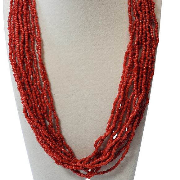 Vtg Multi Strand Coral Color Seed Bead Necklace 18" Statement MCM - Picture 2 of 4